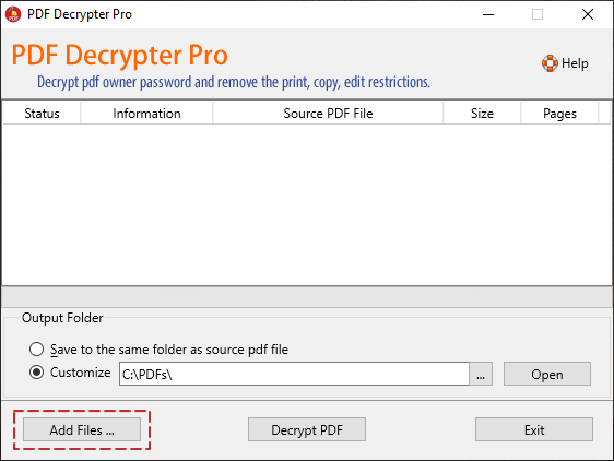 Add PDF files to PDF Decrypter Pro