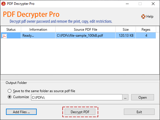 Click Decrypt PDF to remove restrictions