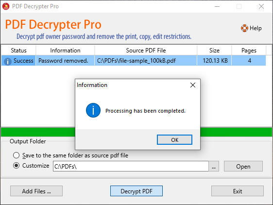 Confirmation that PDF files were decrypted